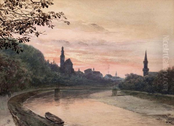 Salzach Gegen Mullner Kirche Bei Abendrot Oil Painting by Franz Kulstrunk