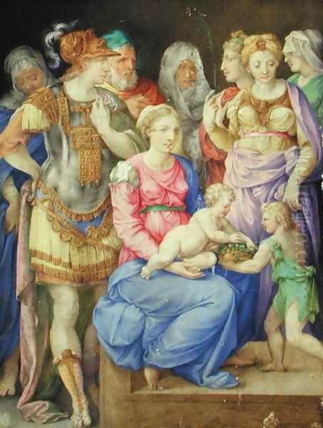 The Virgin and Child, St. John the Baptist and seven individuals, c.1553 Oil Painting by Giorgio-Giulio Clovio