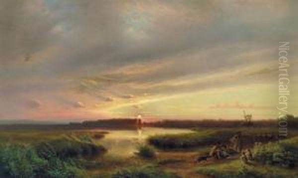 Abendlandschaft Mit Einem See Und Hirten Oil Painting by Karl Robert Kummer