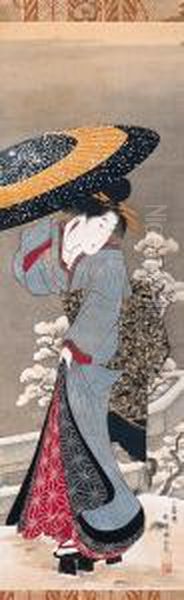 Beauty In Snow Oil Painting by Utagawa Kunimasa