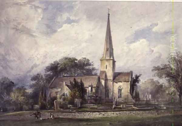 View from the South-east of a Church and a Churchyard Oil Painting by J. Colson