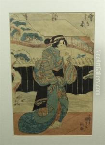 Lady Walking In Snow Oil Painting by Kunisada