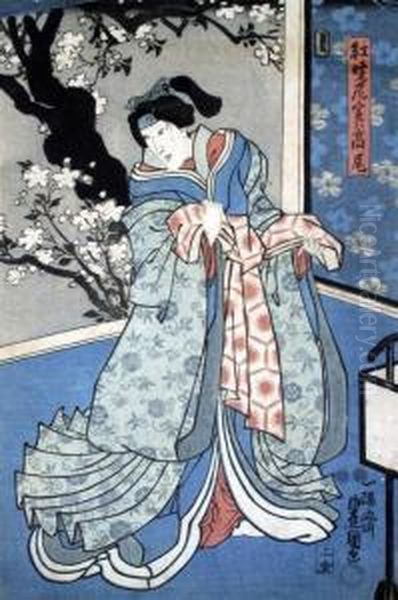 Geisha On A Terrace Oil Painting by Kunisada