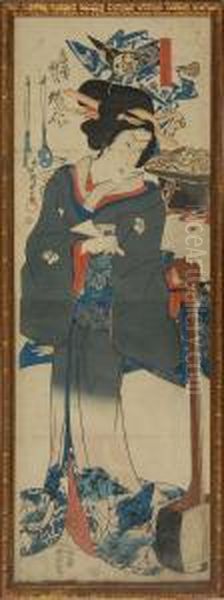 Woman With A Biwa And Otsu-e Background Oil Painting by Kunisada