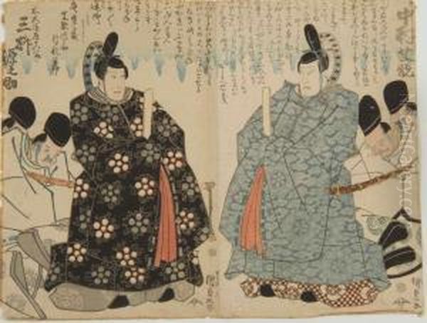 Depicting Two Court Officials With Extensive Calligraphy. Oil Painting by Kunisada