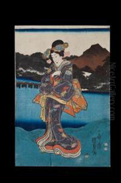 Eine Kurtisane Im Festgewand Am Ufer Oil Painting by Kunisada