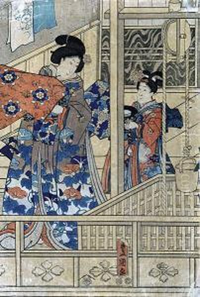 Bijin-e (wizerunek Z Pieknymi Kobietami), Ok. 1849-1853 Oil Painting by Kunisada