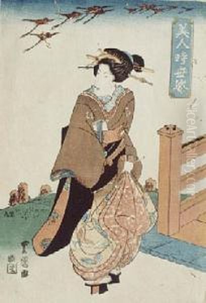 Kobieta Na Spacerze Z Kluczem Odlatujacych Gesi W Tle Oil Painting by Kunisada