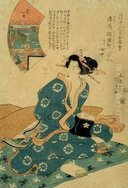 Portret Kobiety W Blekitnym Kimonie, 1822 Oil Painting by Kunisada