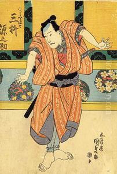 Aktor Gennosuke Iii Na Scenie Teatru Kabuki, Japonia, Ok. 1818-30 R. Oil Painting by Kunisada