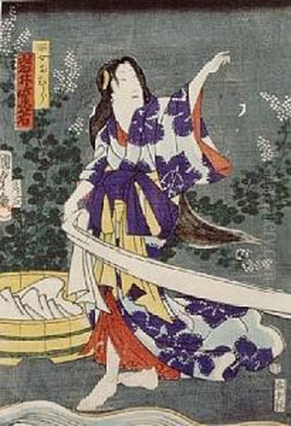 Pioraca Kobieta-scena Z Teatru Kabuki Oil Painting by Kunisada