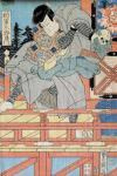 Aktor Z Czaszka Przy Balustradzie Oil Painting by Kunisada