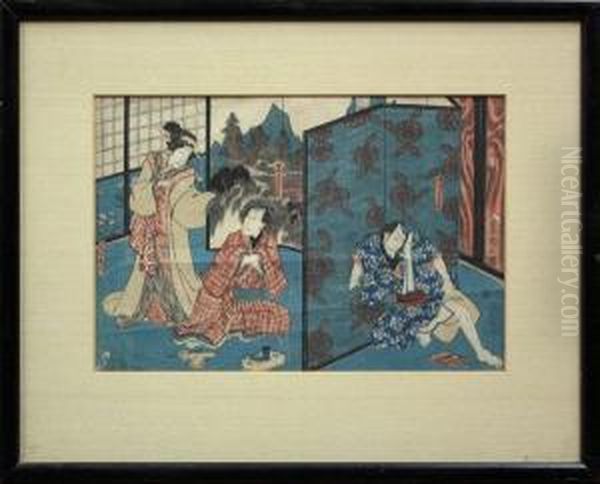 Kabuki Actors In Role Oil Painting by Utagawa Kunisada