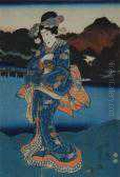 Princess By A Lake Oil Painting by Utagawa Kunisada