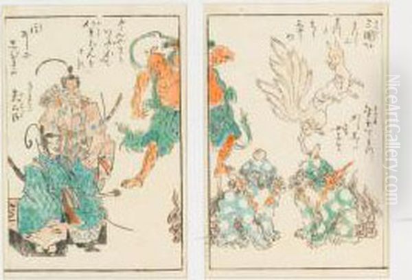 Three Woodblock Prints Oil Painting by Kuniyoshi