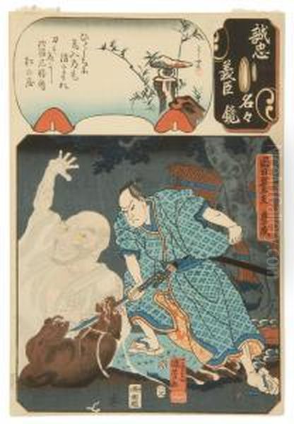 A Man Attacks A Wolf Oil Painting by Kuniyoshi