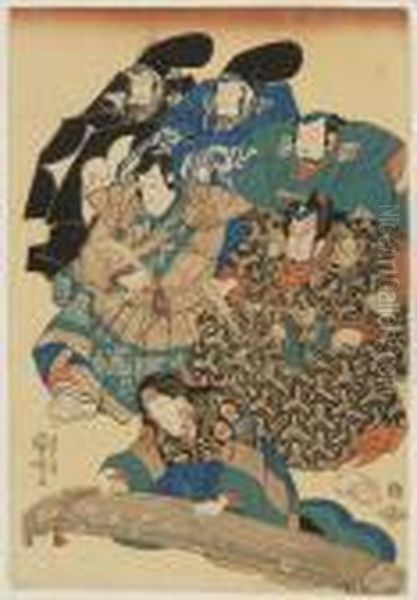 Five Court Figures Observe A Woman Playing A Koto. by Kuniyoshi