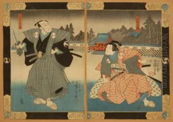 Depicting Actors As Noblemen In An Evening Setting. Oil Painting by Kuniyoshi