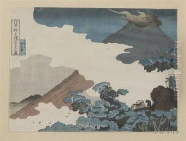 Travelers Climbing Throughmist Toward The Summit Of A Smoking Mt. by Kuniyoshi