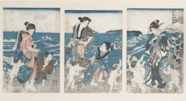 An Oban Triptych Of Actors And Boys On A Shore by Kuniyoshi