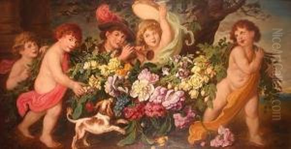 Children Masquerading As Putti 
And Musicians Amidst A Garland Of Flowers With A Spaniel At Their Feet Oil Painting by Ludwig Adam Kunz