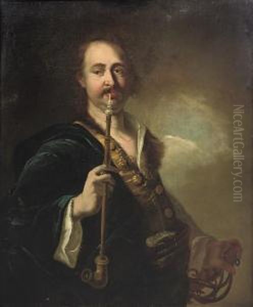 A Portrait Of A Man, Standing 
Half-length, Possibly The Artist Himself, Wearing A Fur-trimmed Blue 
Coat And Holding A Sabel And Pipe Oil Painting by Johann Kupetzki