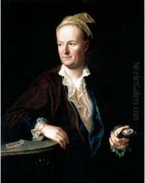 Portrait Of A Gentleman, Half 
Length, Wearing A Brown Overcoat, Leaning Against A Table And Holding A 
Miniature Oil Painting by Johann Kupetzki