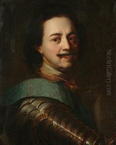 Portrait Bust-length Of Peter The Great, In Armour With A Blue Sash Oil Painting by Johann Kupetzki