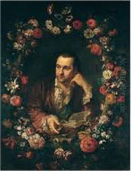 Portrait Of A Man, Half-length, Reading A Book, Within A Garland Of Flowers Oil Painting by Johann Kupetzki