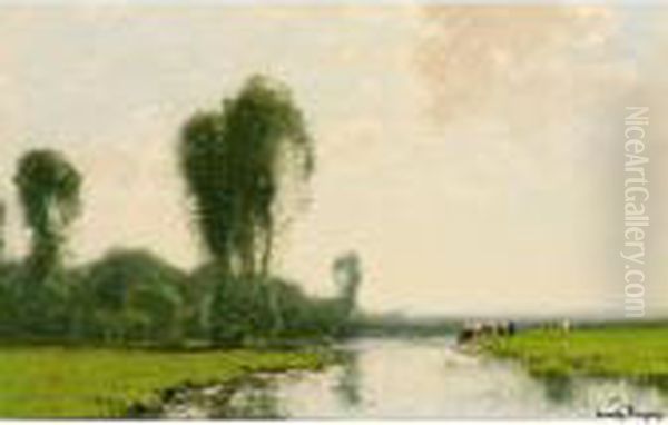 A River Landscape With Cows Near A Stream Oil Painting by Cornelis Kuypers