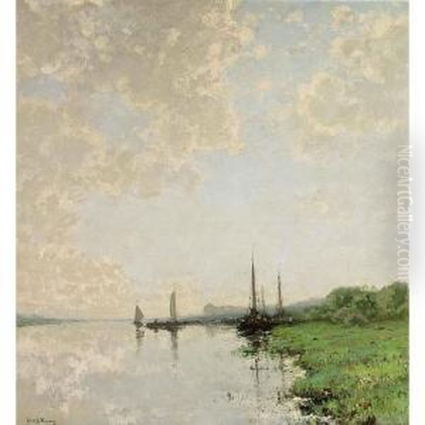 A Summer Landscape With Boats On A Waterway Oil Painting by Cornelis Kuypers