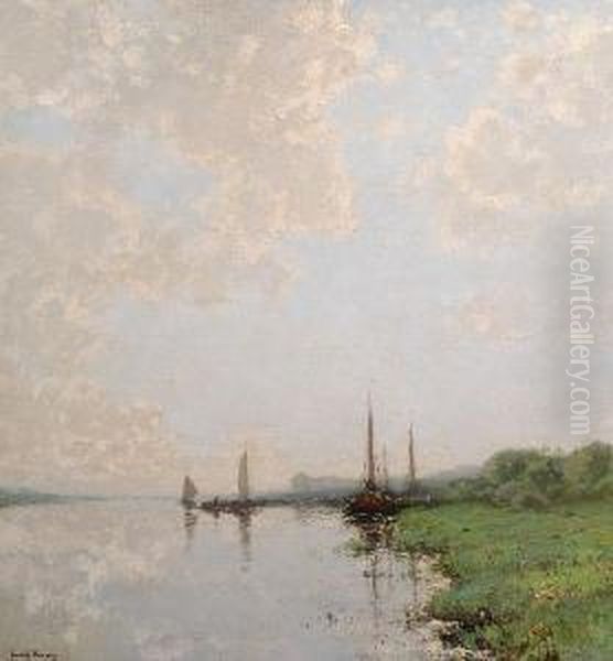 Boats Off The Riverbank Oil Painting by Cornelis Kuypers