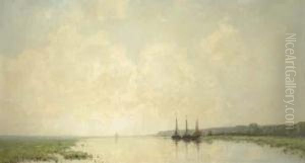 Moored Boats On A River At Dawn, Renkum Oil Painting by Cornelis Kuypers