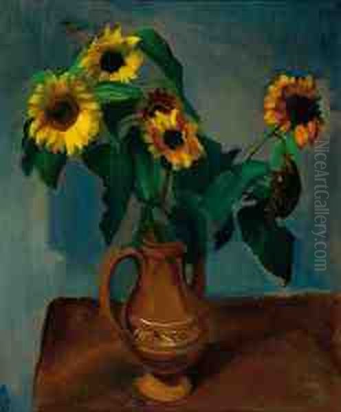 Sunflowers In A Jug Oil Painting by Harrie Kuyten