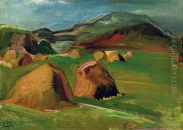 A Landscape With Haystacks Oil Painting by Harrie Kuyten