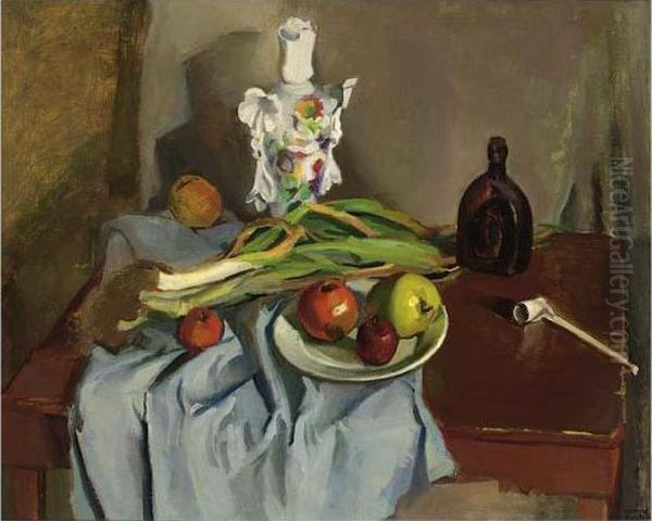 A Still Life With Vegetables And Fruit On A Draped Table Oil Painting by Harrie Kuyten