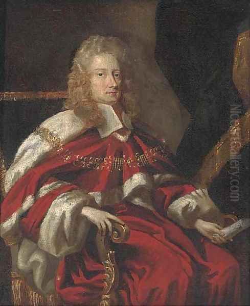 Portrait of George Jeffreys, 1st Baron Jeffreys of Wem (1648-1689), small seated three-quarter length, in robes Oil Painting by Johann Closterman