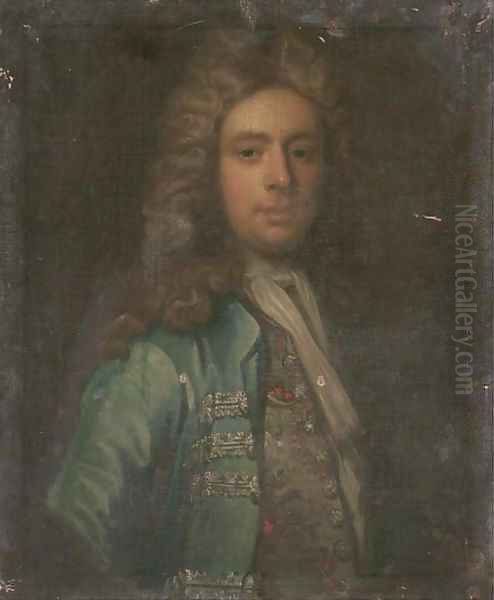 Portrait of a gentleman, bust-length, in a blue coat and embroidered waistcoat Oil Painting by Johann Closterman