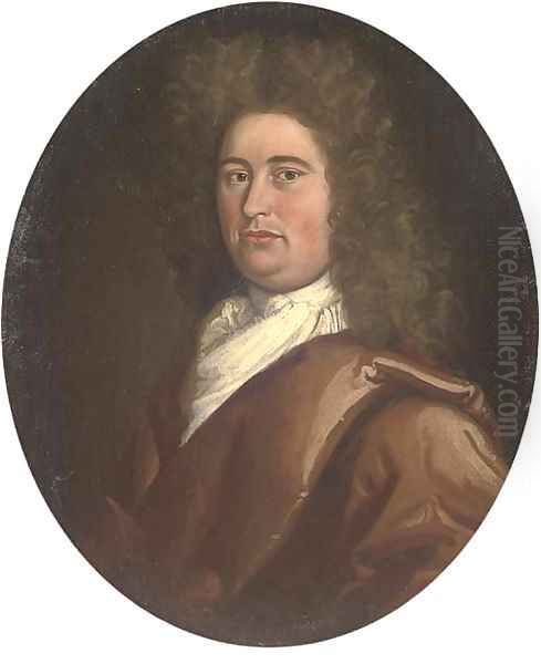 Portrait of a gentleman, bust-length, in a brown coat and white necktie Oil Painting by Johann Closterman