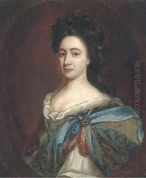 Portrait of a lady, half-length, in a white dress, with a blue wrap and jewelled brooch Oil Painting by Johann Closterman