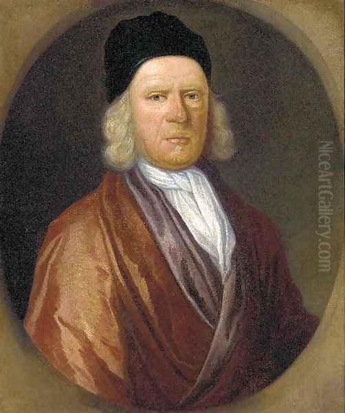 Portrait of Rev. Thomas Tooke (d.1721), bust-length, in a brown coat, white stock and black cap, feigned oval Oil Painting by Johann Closterman