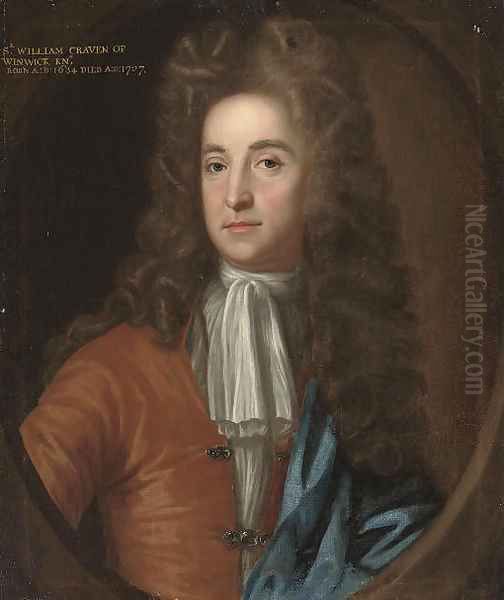 Portrait of Sir William Craven, of Winwick, Northamptonshire (1634-1707), bust-length, in a brown coat and blue mantle Oil Painting by Johann Closterman