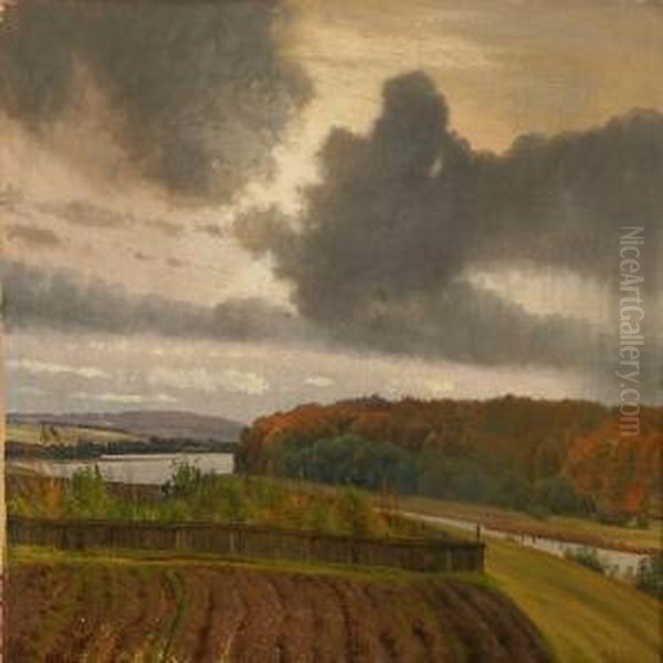 I Oktober Maaned. 
Emnet Taget Ved Ryestation. 
I Baggrunden Sees Himmelbjerget Oil Painting by Vilhelm Peter C. Kyhn