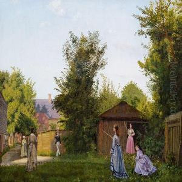 Summer Day In The Garden With Youngsters Playing Oil Painting by Vilhelm Peter C. Kyhn