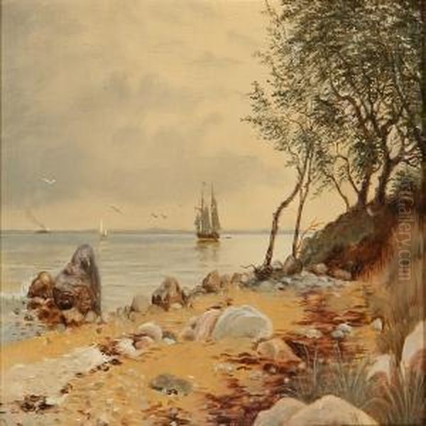 Coastal Scene With Sailing Ships And A Steamer On The Sea Oil Painting by Vilhelm Peter C. Kyhn