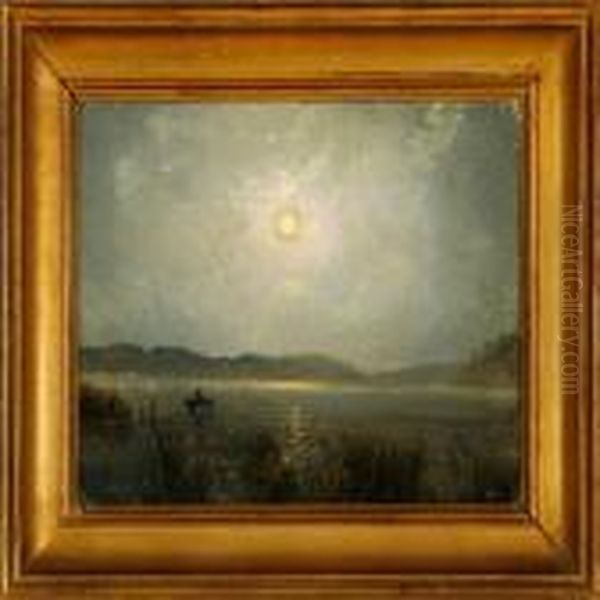 Overlooking A Lake In Moonlight Oil Painting by Vilhelm Peter C. Kyhn