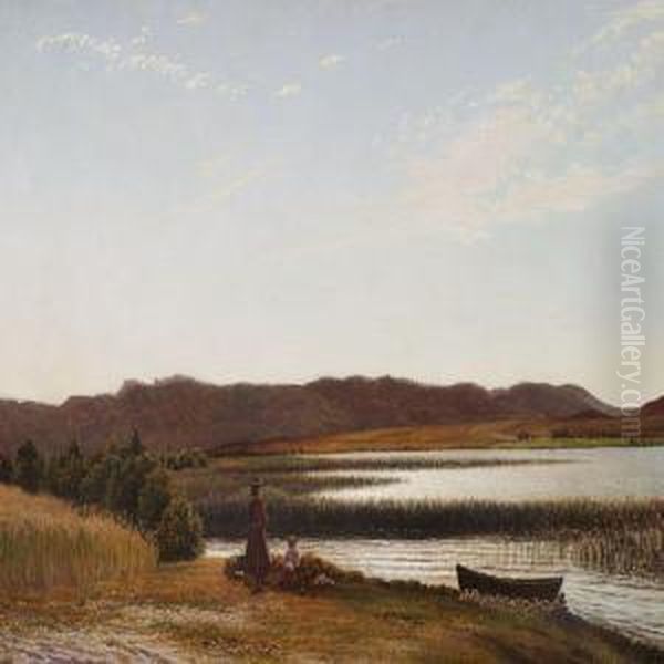 A Mother With A Child At A Lake Shore, Presumably Near Silkeborg Oil Painting by Vilhelm Peter C. Kyhn