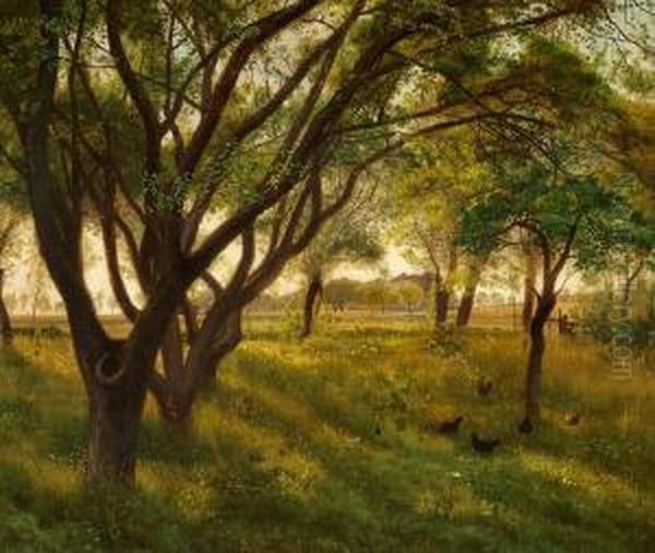 Chickens In The Garden Oil Painting by Vilhelm Peter C. Kyhn