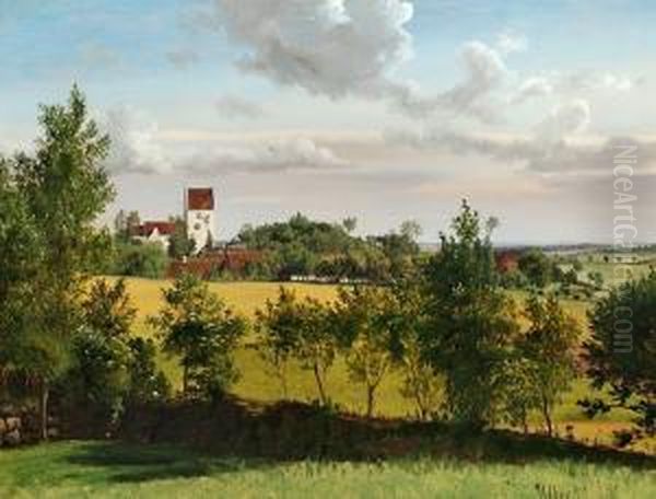 Landscape With A View Of Udby Church Oil Painting by Vilhelm Peter C. Kyhn