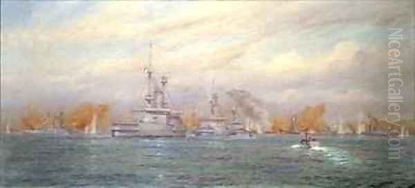 HMS Albion commanded by Capt A Walker Heneage completing the destruction of the outer forts of the Dardanelles in 1915 Oil Painting by Alma Claude Burlton Cull